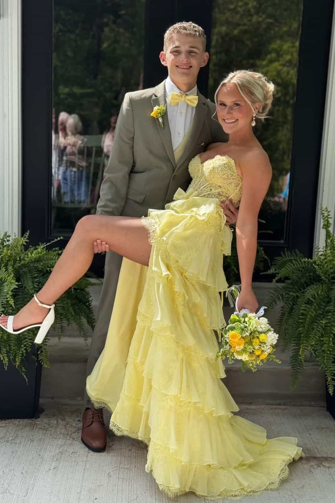 Yellow Appliques Tiered Long Dress with Bow