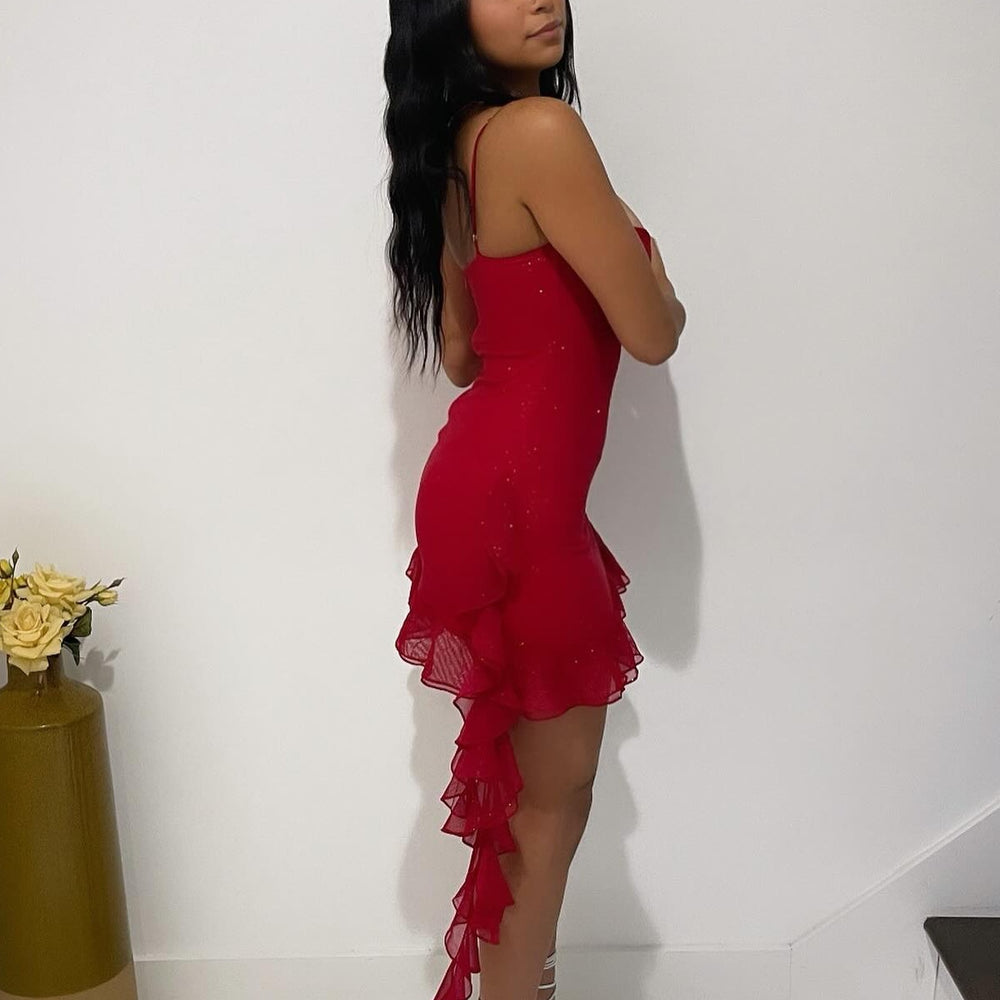 
                      
                        Straps Red Ruffled Hem Short Dress with Sequin
                      
                    