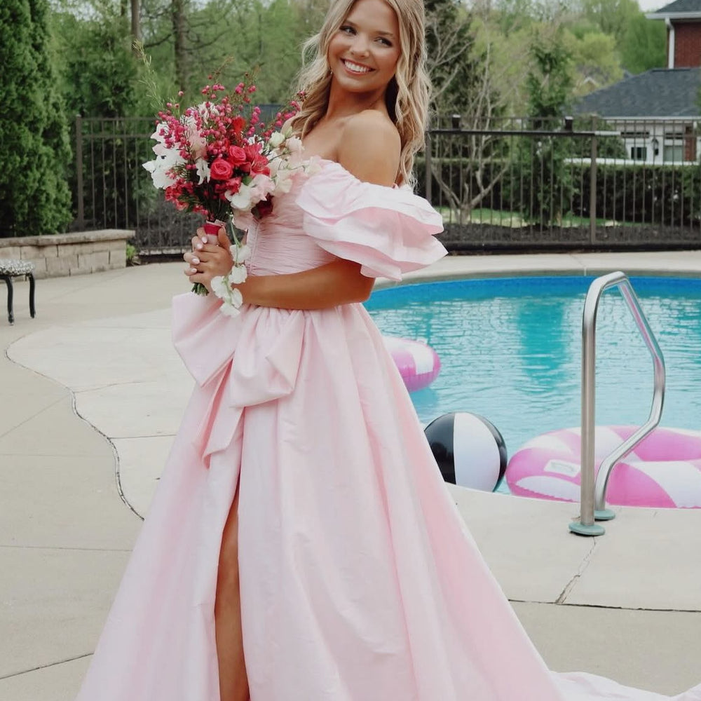 
                      
                        Ruffled Sleeves Fuchsia A-line Long Dress with Slit
                      
                    