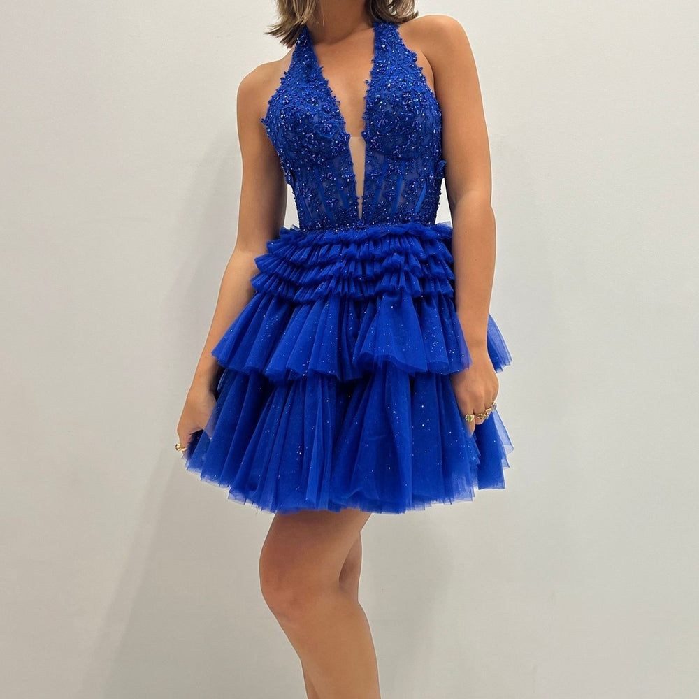 
                      
                        Halter Blue Appliques Ruffle A-line Short Dress
                      
                    