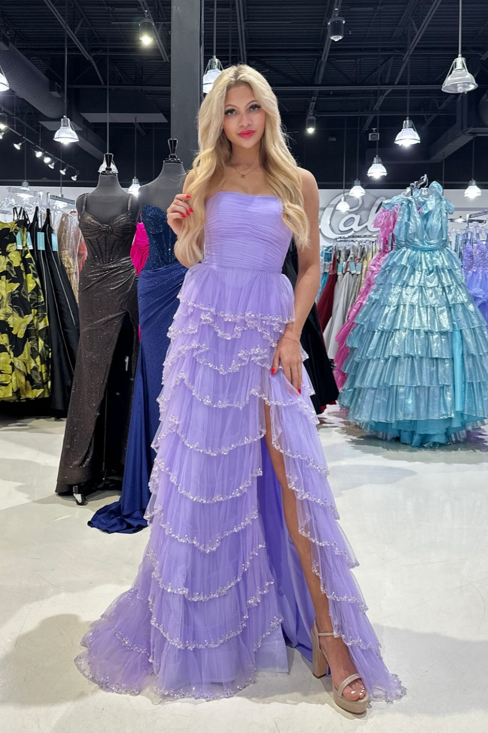 Strapless Light Blue Sequin Tiered A-line Long Dress PollyBoutique Strapless Light Blue Sequin Tiered A-line Long Dress PollyBoutique