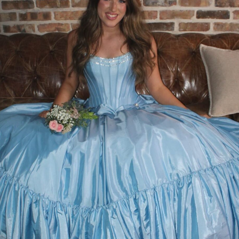 
                      
                        Strapless Pink Ruffle Long Dress with Bow
                      
                    
