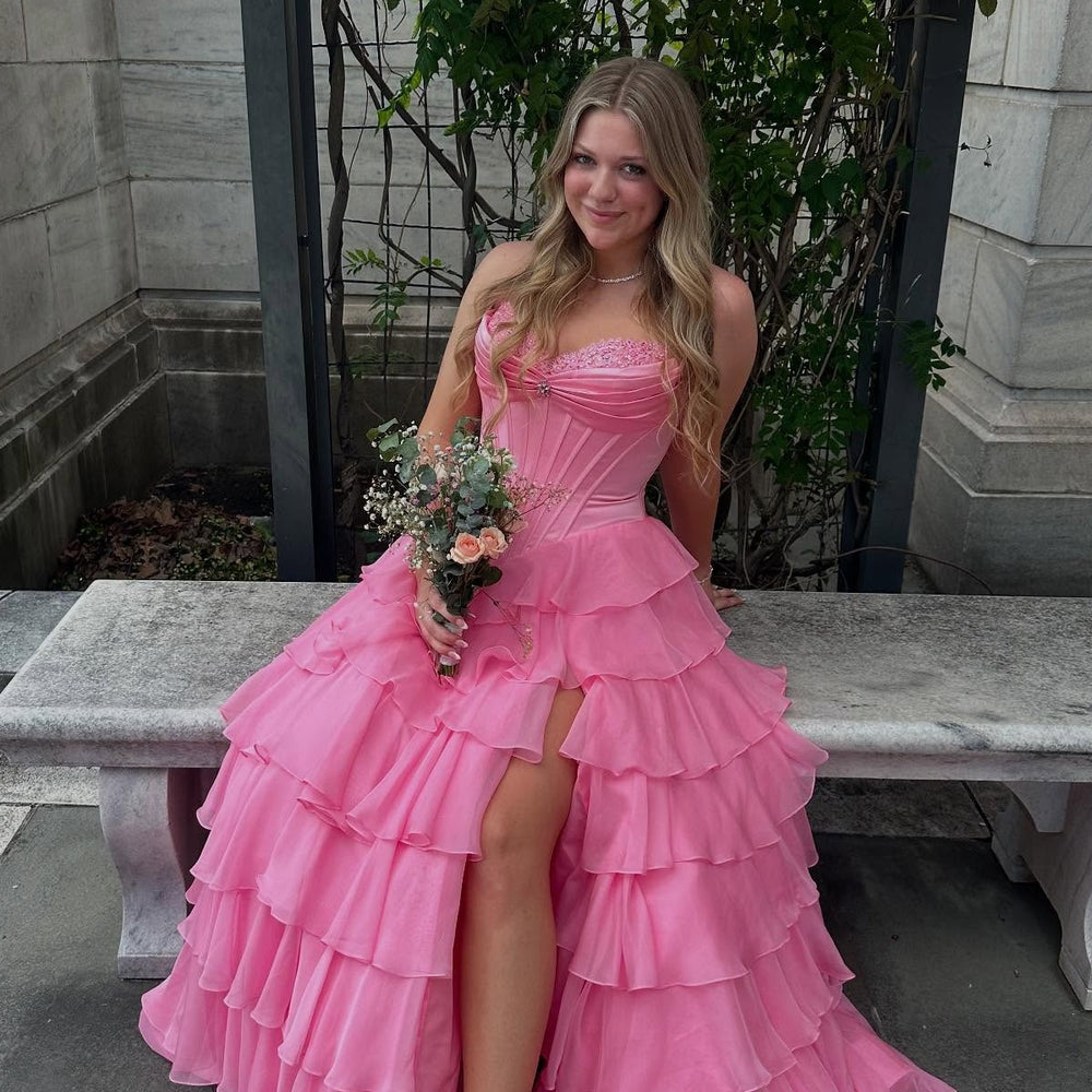 
                      
                        Appliques Neck Ice Blue Tiered Long Dress with Slit
                      
                    