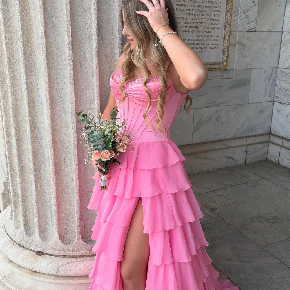 
                      
                        Appliques Neck Ice Blue Tiered Long Dress with Slit
                      
                    