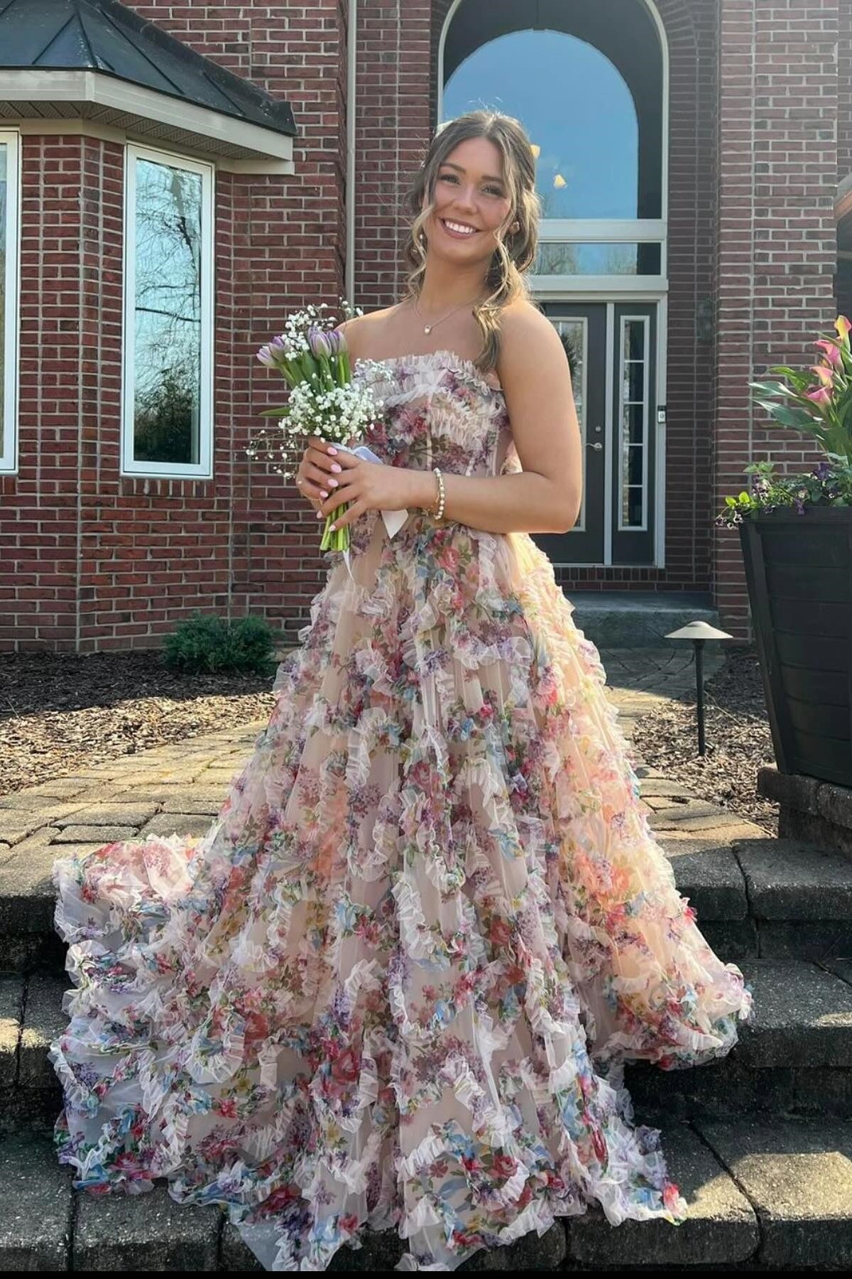 Strapless Floral Print Ruffle Long Dress with Slit – PollyBoutique