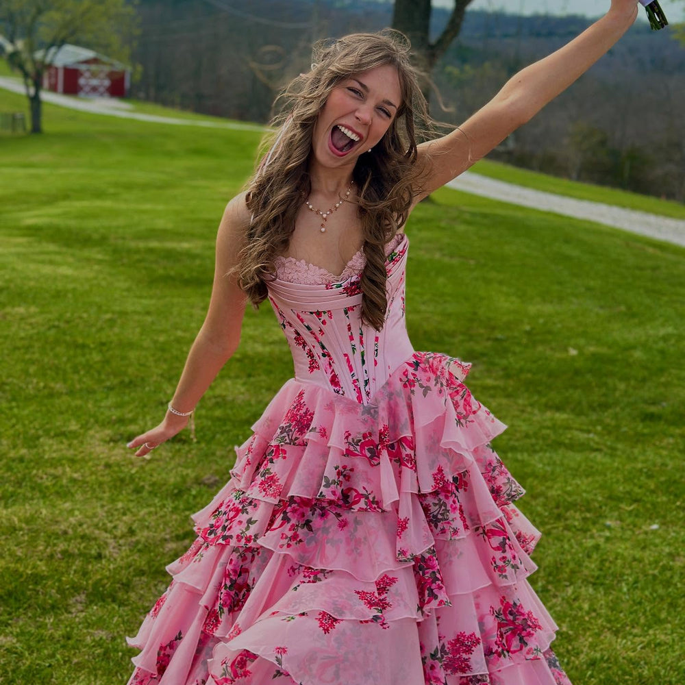 
                      
                        Strapless White and Blue Floral Print Tiered Long Dress
                      
                    