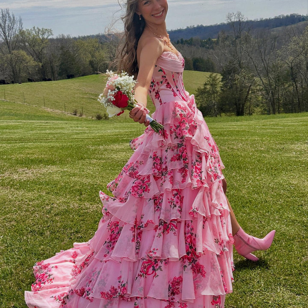 
                      
                        Strapless White and Blue Floral Print Tiered Long Dress
                      
                    