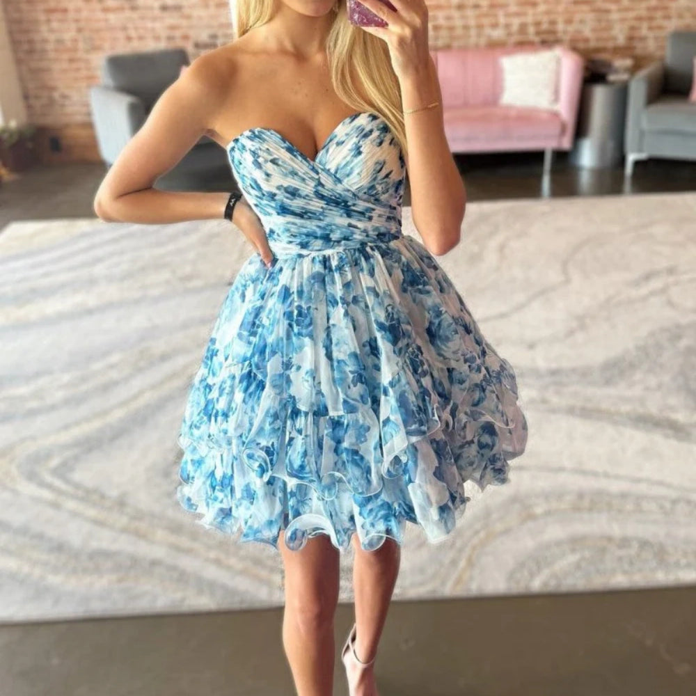 
                      
                        Strapless White and Pink Floral Print Short Dress
                      
                    