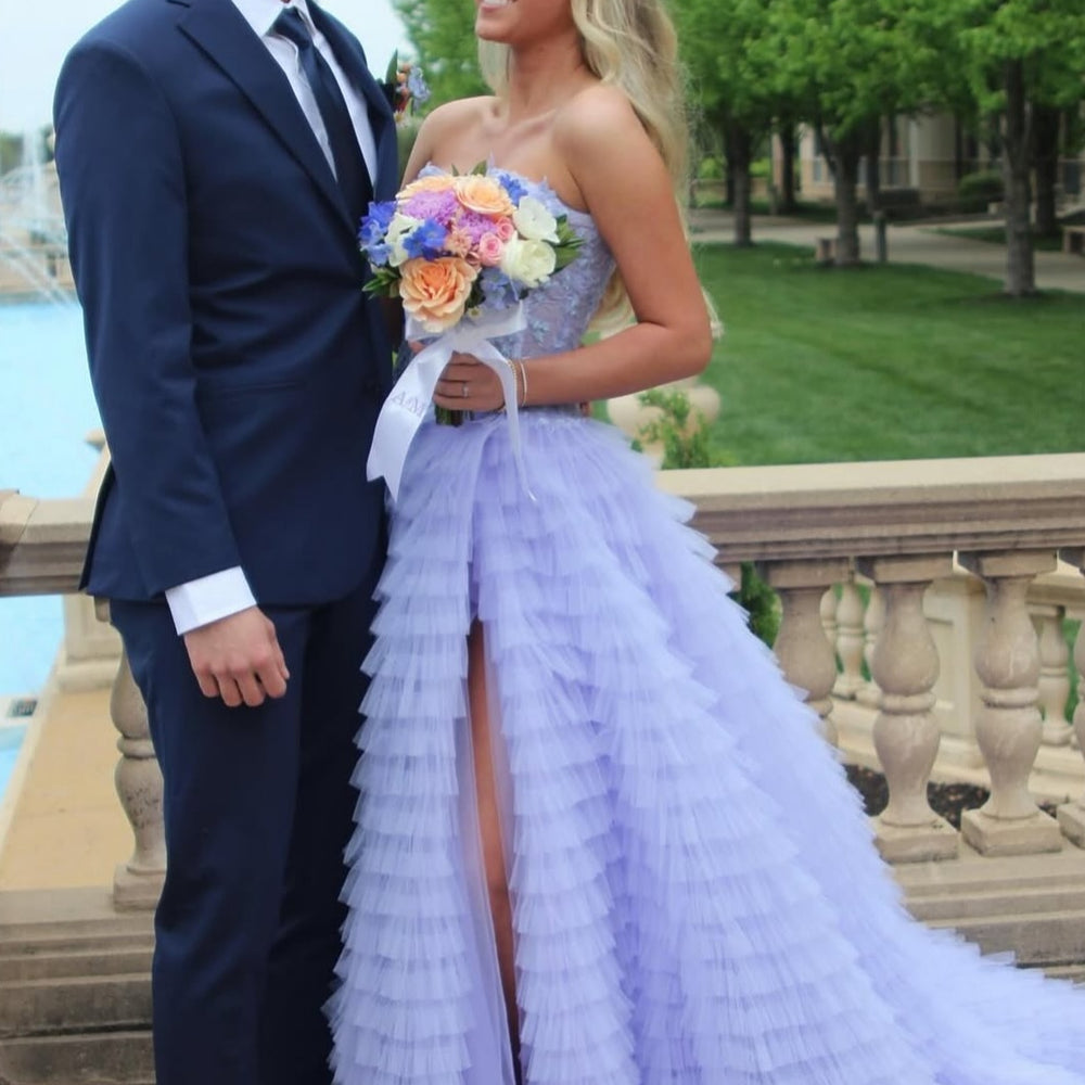 
                      
                        Strapless Pink Appliques Tiered Long Dress with Slit
                      
                    