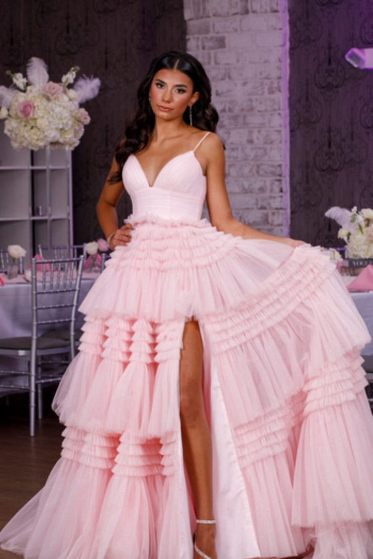 Feathers Backlesss Pink Plunging V-Neck Tulle Long Formal Dress
