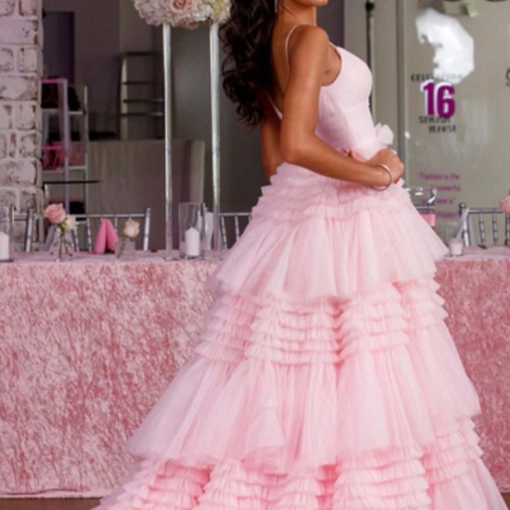 
                      
                        V-neck Pink Tulle Tiered Long Formal Dress
                      
                    
