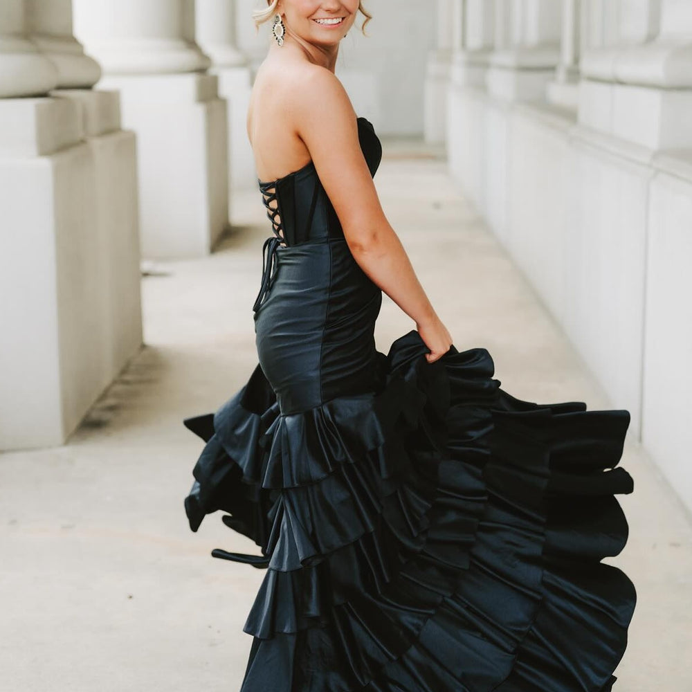 
                      
                        Strapless Royal Blue Tiered Long Dress with Slit
                      
                    