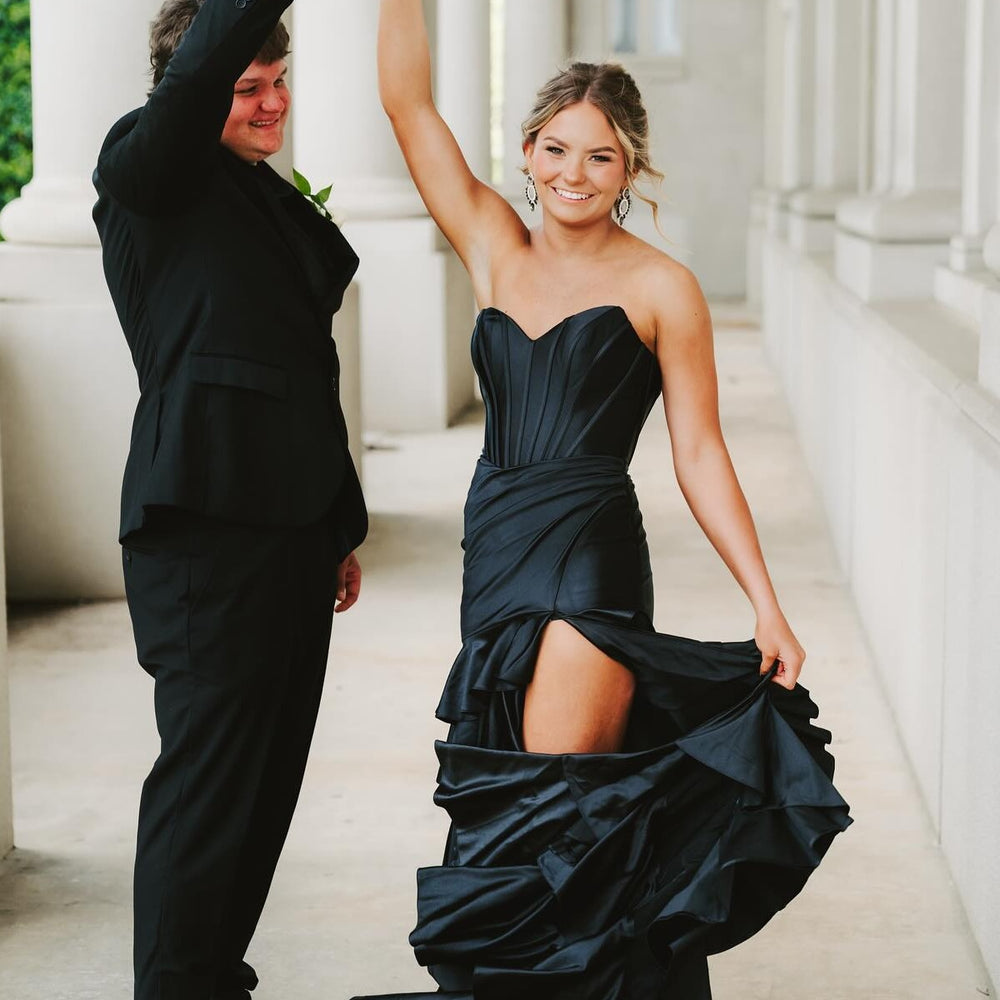 
                      
                        Strapless Royal Blue Tiered Long Dress with Slit
                      
                    