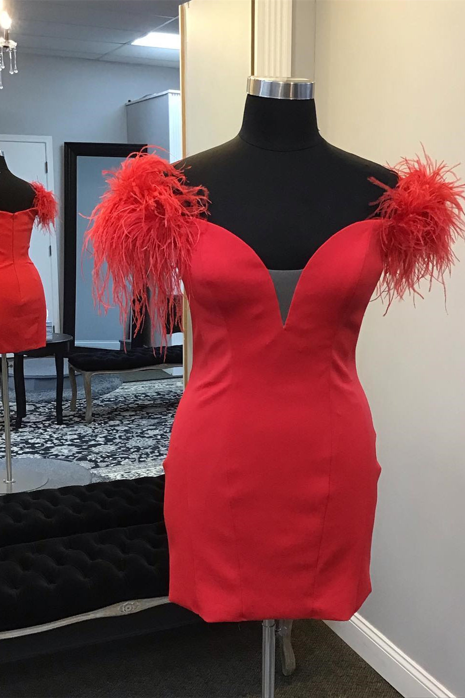 V Neck Red Bodycon Short Dress with Feather