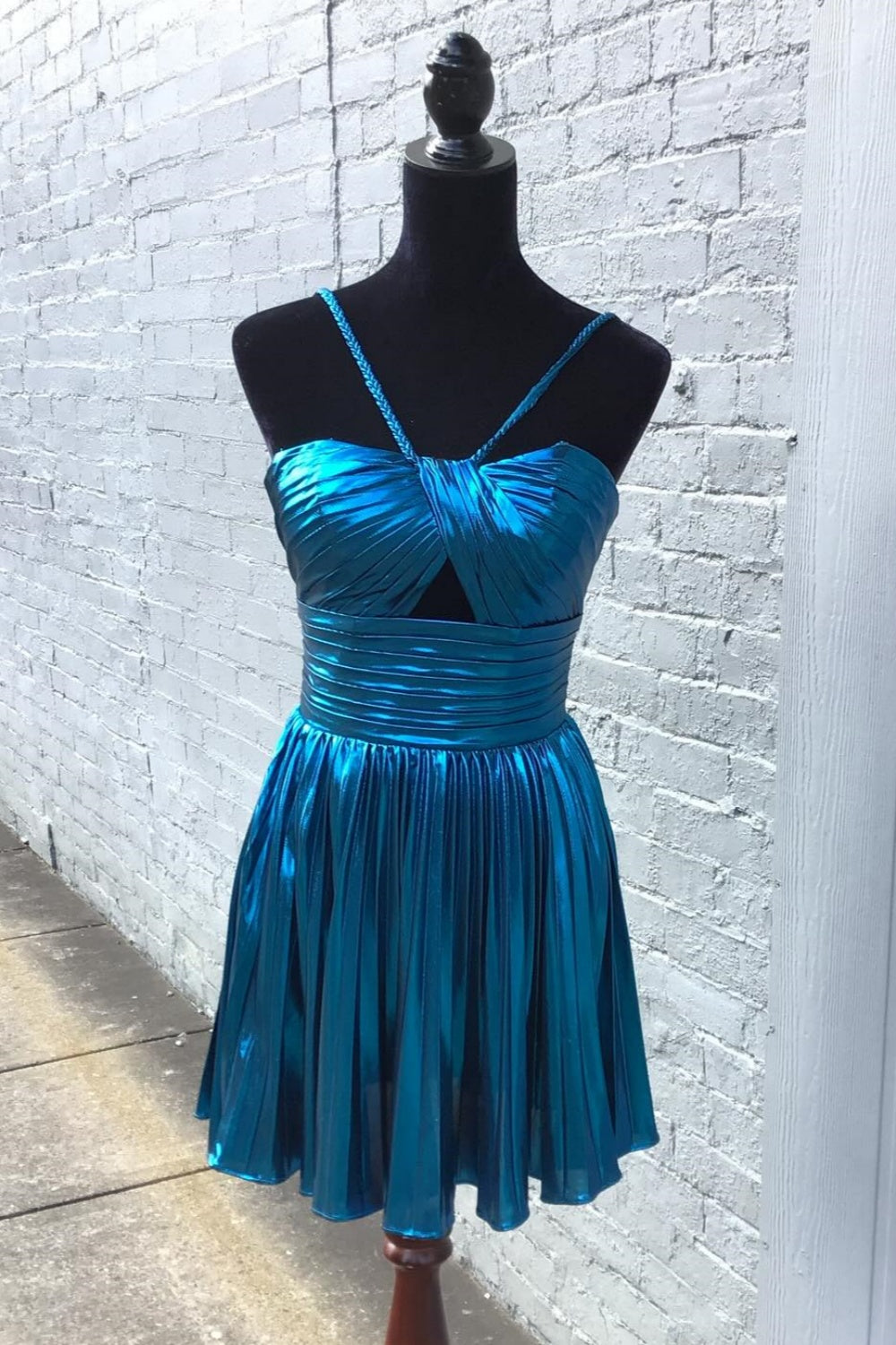 Blue Pleated High Waist Metallic Short Dress