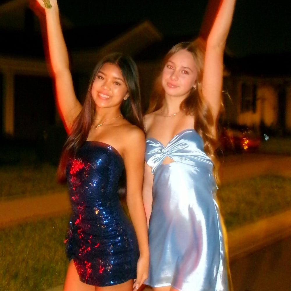 
                      
                        Strapless Aqua Twist Short Dress with Keyhole
                      
                    