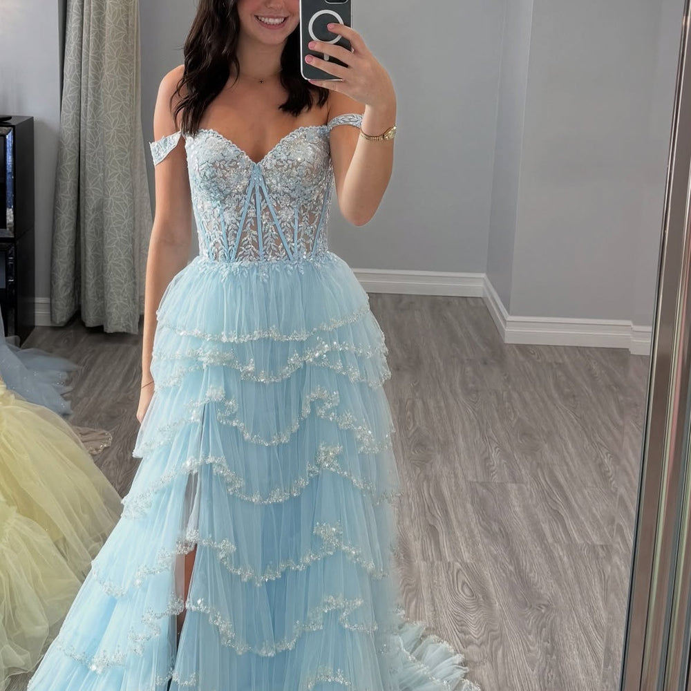 
                      
                        Off the Shoulder Light Pink Sequin Tiered Long Dress
                      
                    