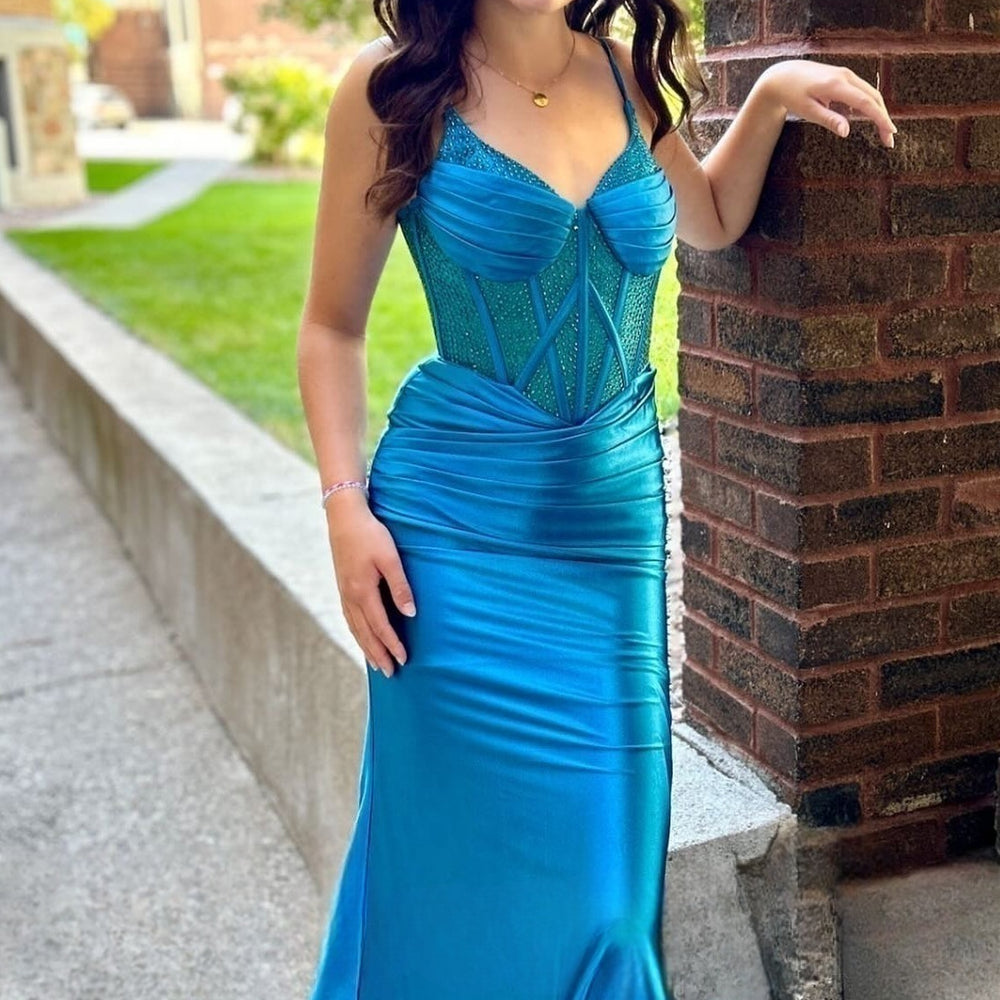 
                      
                        V-neck Red Beaded Mermaid Long Dress with Slit
                      
                    