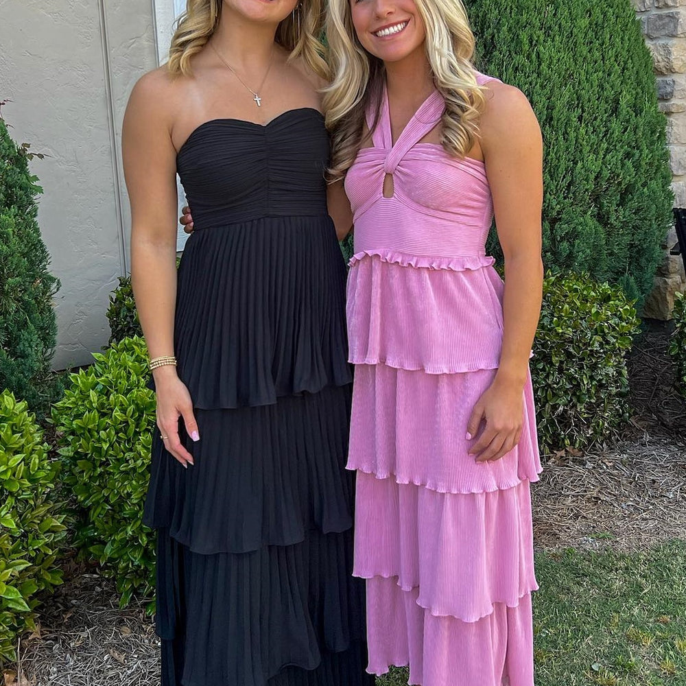 
                      
                        Strapless Pink Pleated Tiered A-line Long Dress
                      
                    