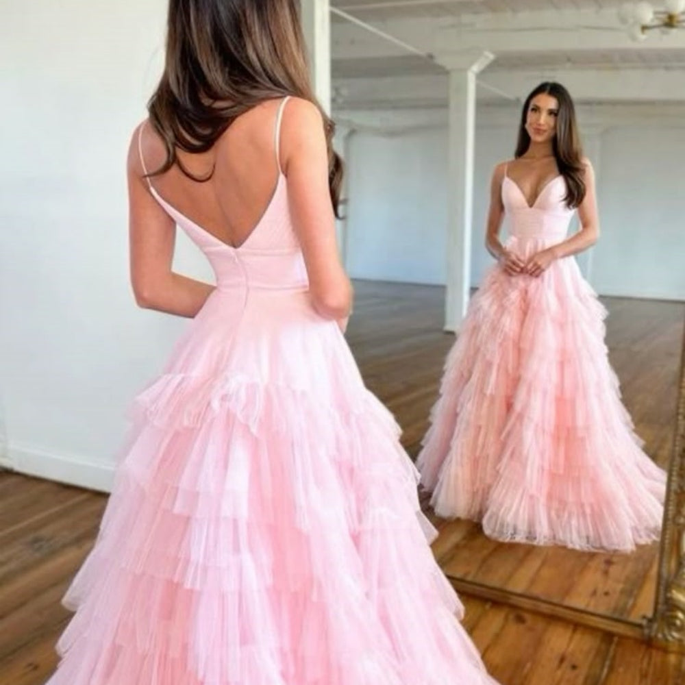 
                      
                        V-neck Pink Ruffle Tiered A-line Long Dress with Slit
                      
                    