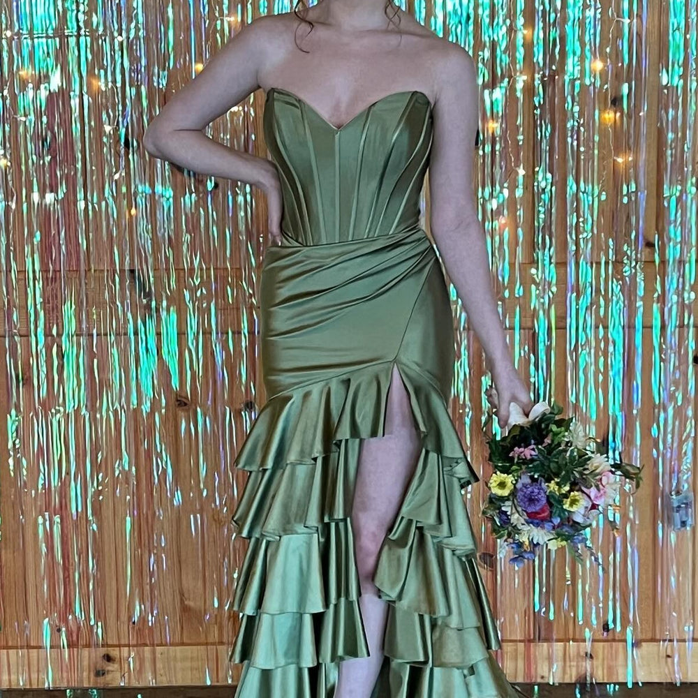 
                      
                        Strapless Royal Blue Tiered Long Dress with Slit
                      
                    