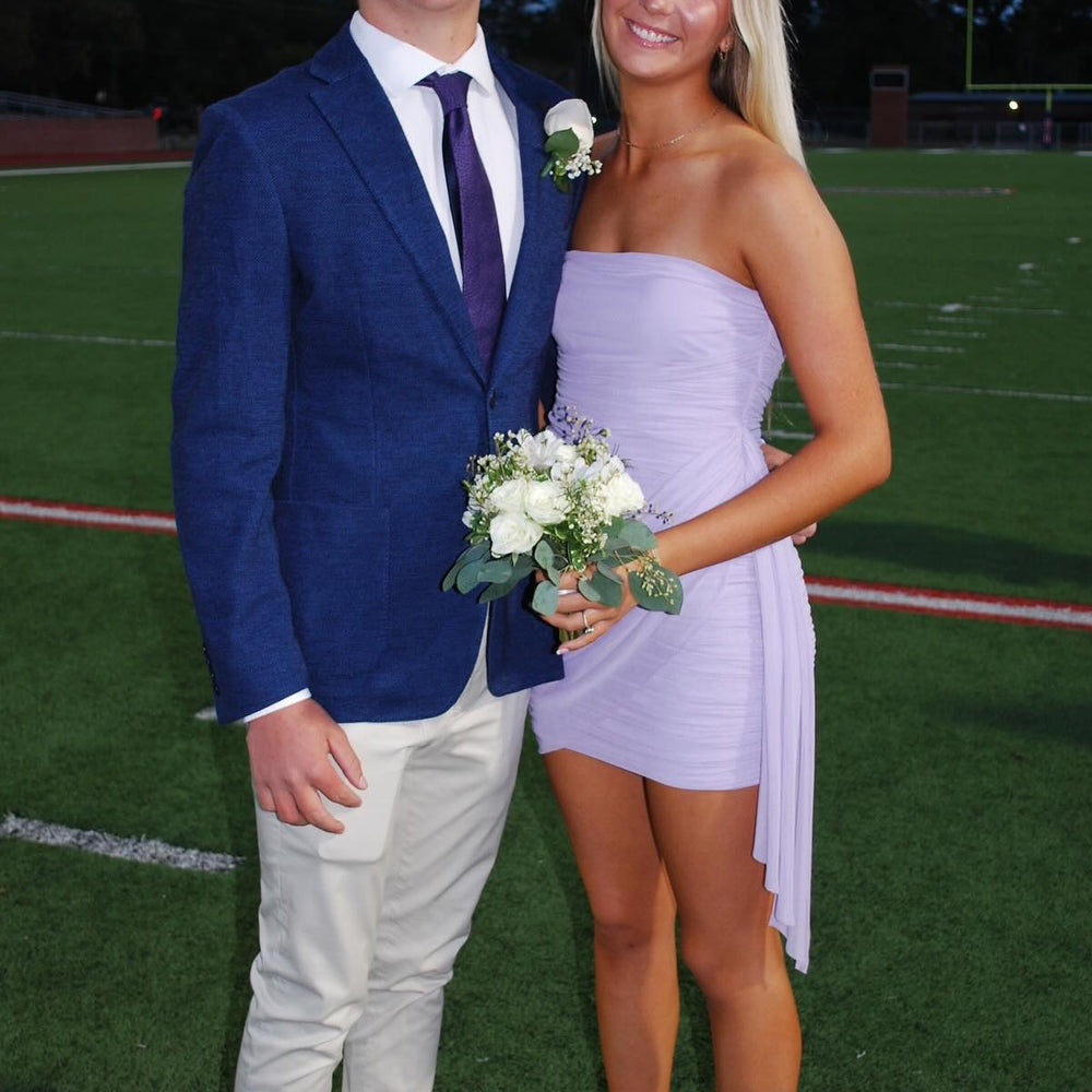 
                      
                        Strapless Blue Ruched Sheath Short Dress
                      
                    