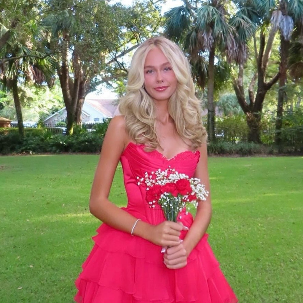 
                      
                        Strapless Yellow Appliques Neck Tiered Short Dress
                      
                    