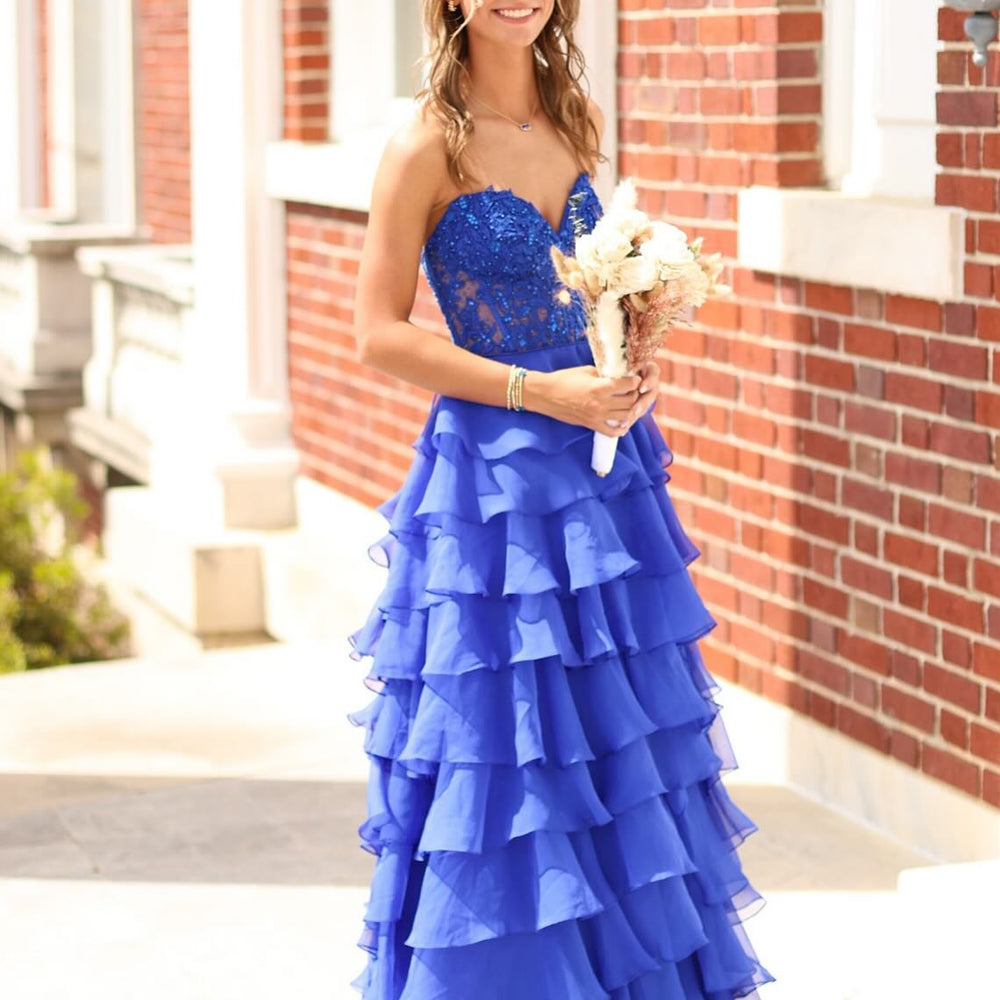 
                      
                        Sweetheart Lace and Chiffon Ruffle Long Prom Dress
                      
                    