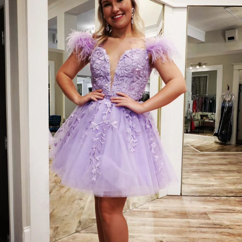 
                      
                        Lavender Appliques A-line Short Dress with Feather
                      
                    