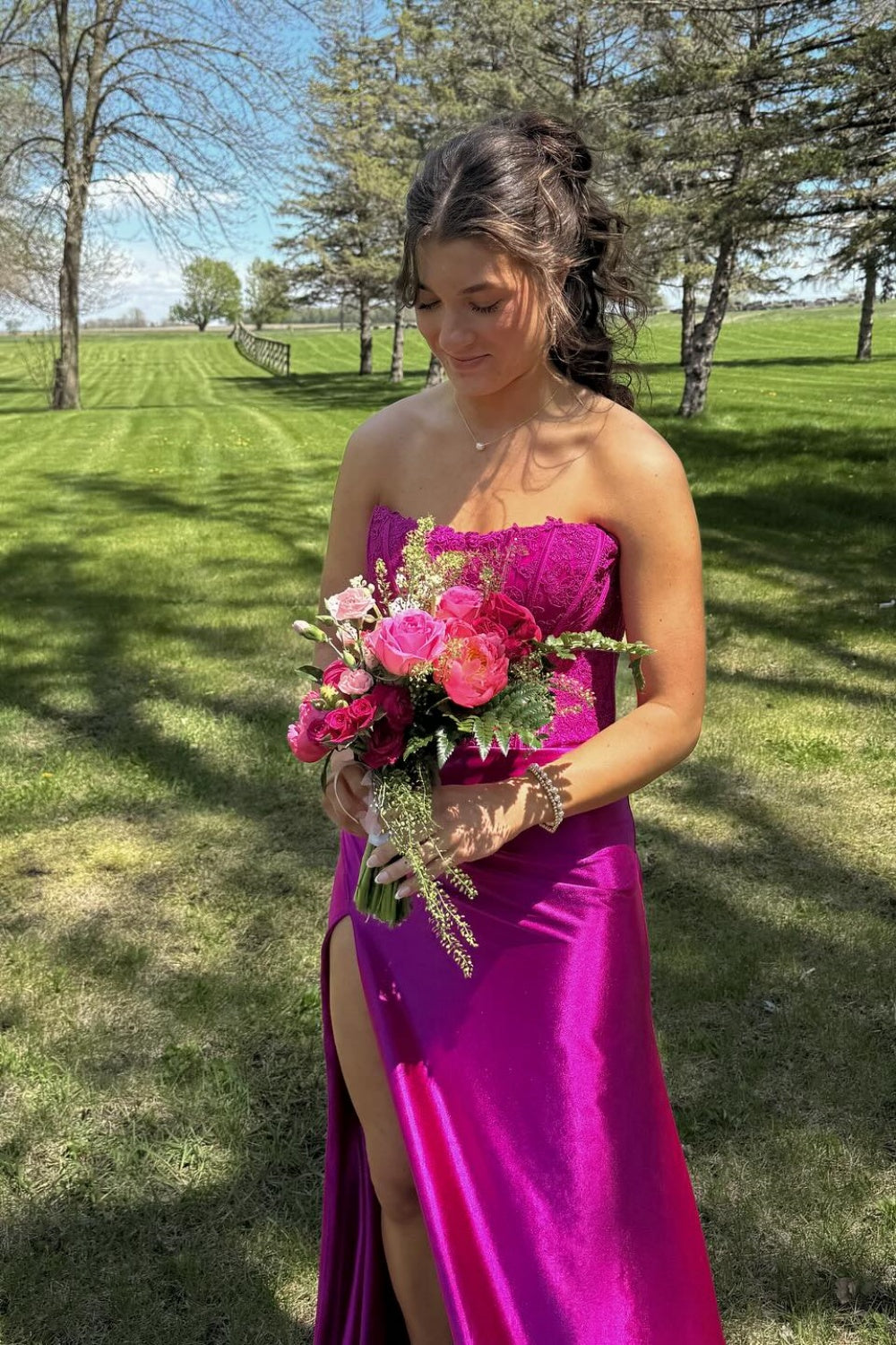 Strapless Fuchsia Lace and Satin Mermaid Dress