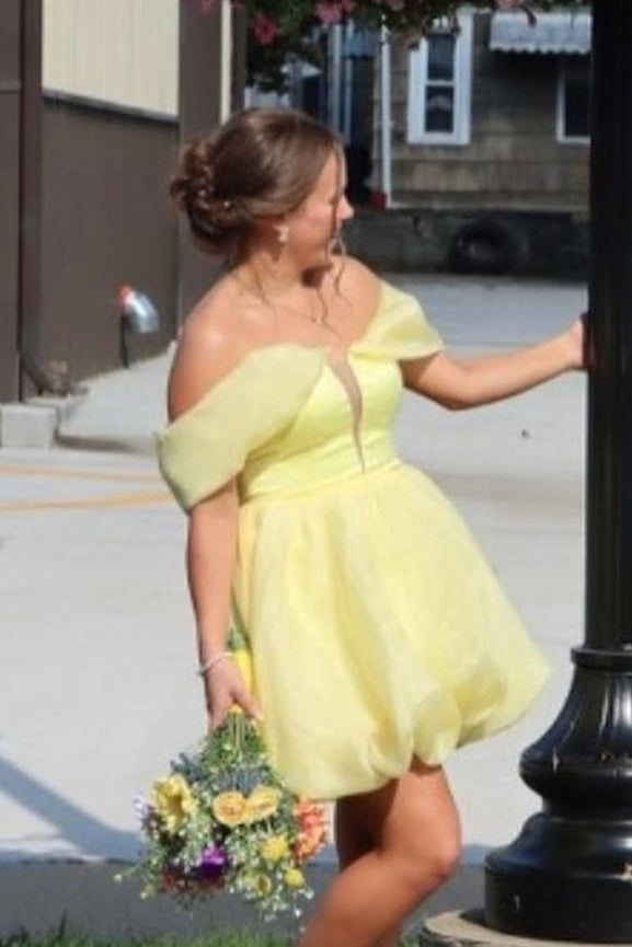 Off the Shoulder Yellow Organza Short Dress