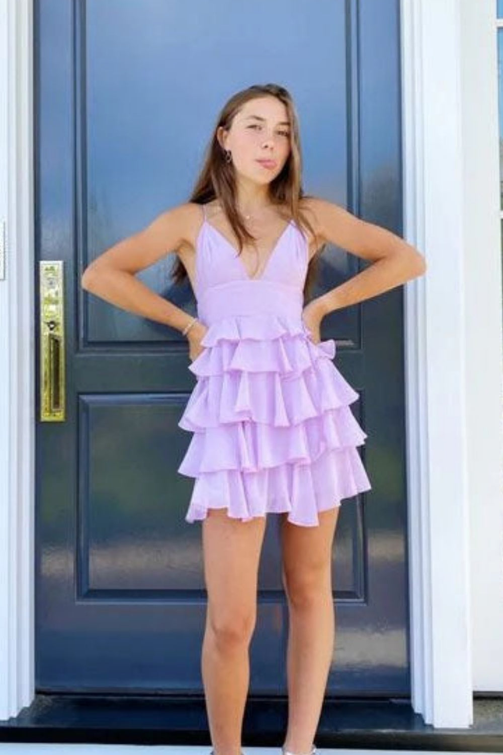 V-neck Lavender Tiered A-line Short Chiffon Dress