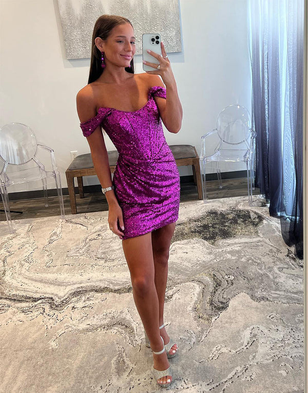 Off the Shoulder Fuchsia Sequin Ruched Short Dress