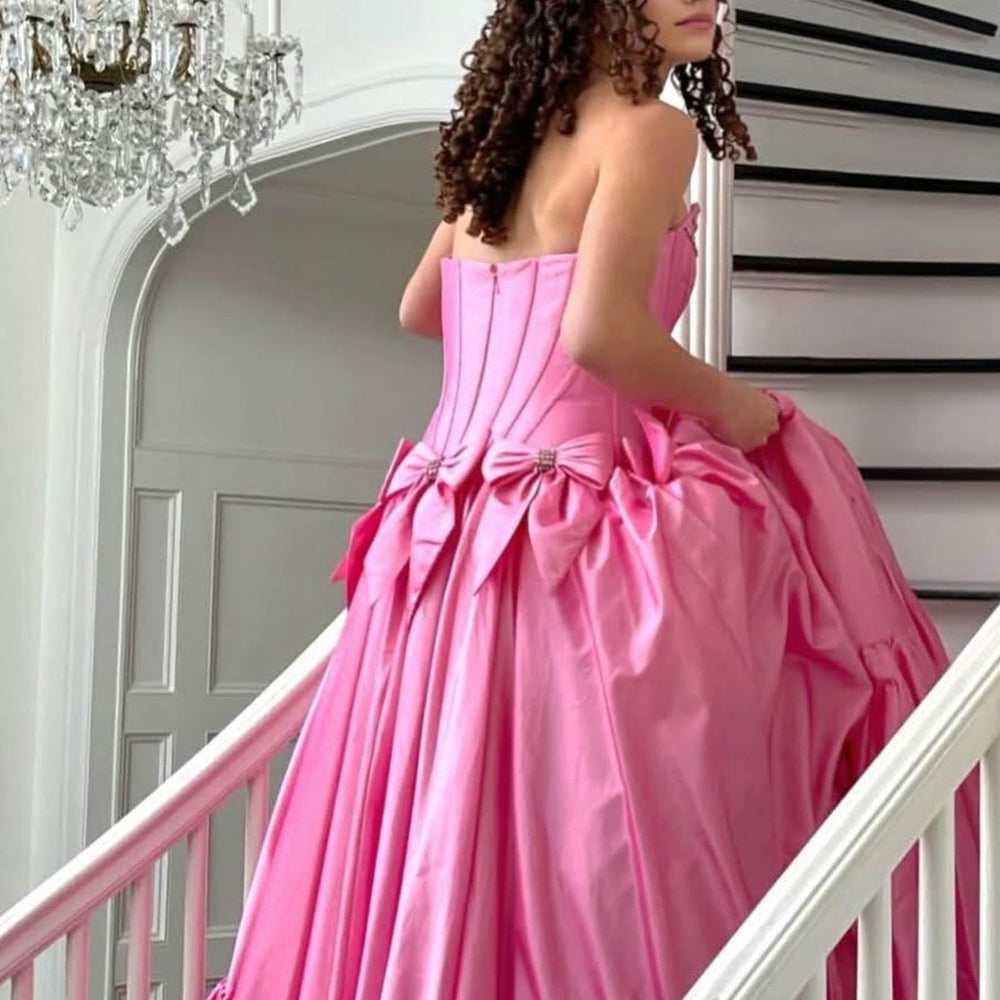 
                      
                        Strapless Pink Ruffle Long Dress with Bow
                      
                    