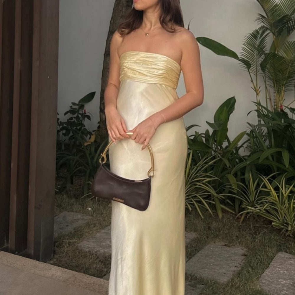 
                      
                        Strapless Pink Ruched Sheath Satin Long Dress
                      
                    