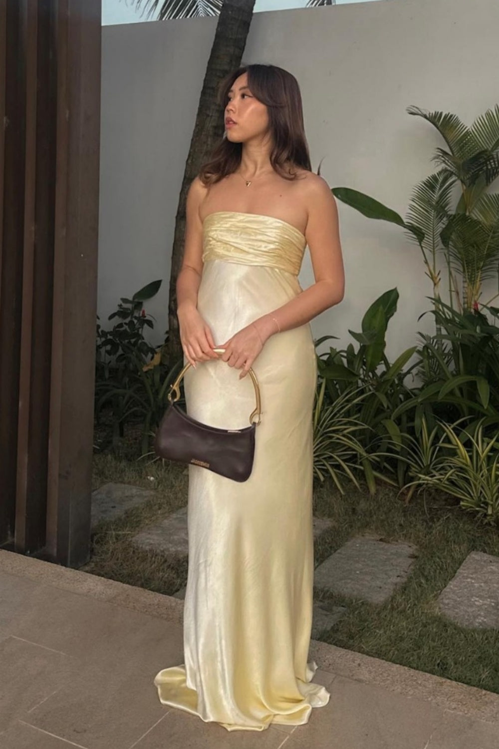 Strapless Pink Ruched Sheath Satin Long Dress