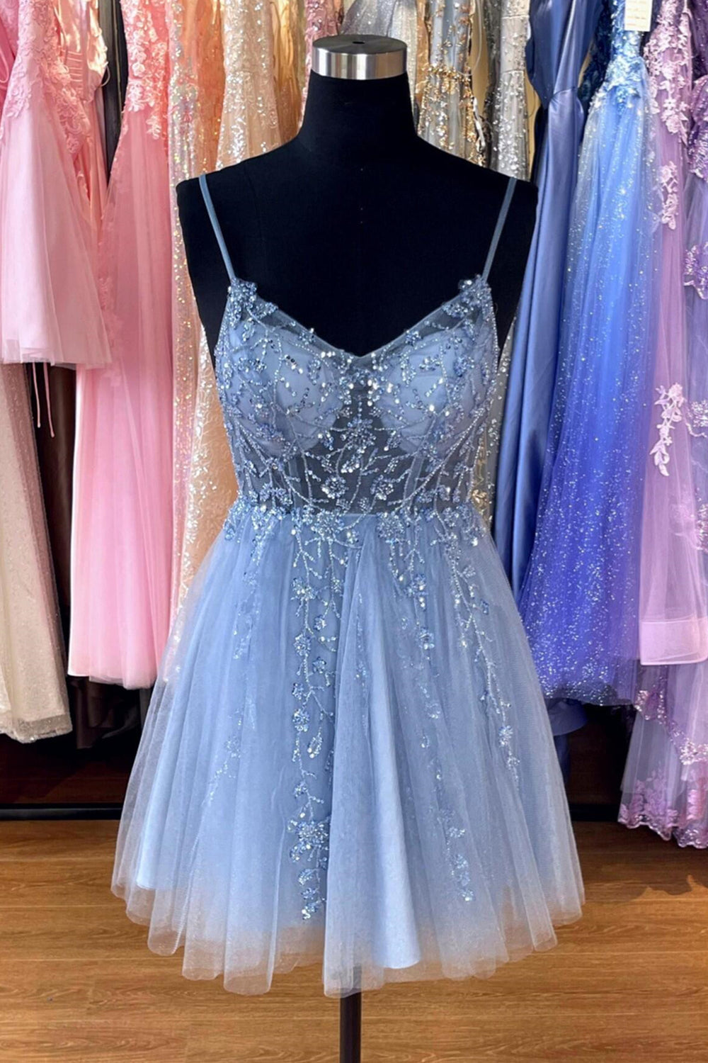 Embellished Sequin Misty Blue Tulle Short Party Dress