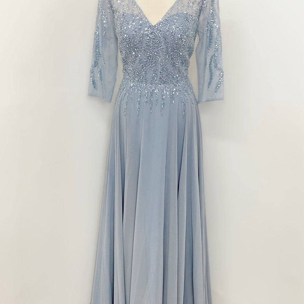 Mist Deep V Illusion Sleeves Beaded Long Mother of Bride Dress