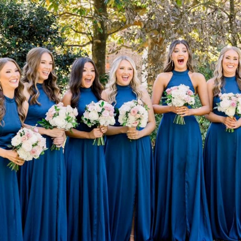 
                      
                        High Neck Blue Back Tie Bridesmaid Dress with Slit
                      
                    