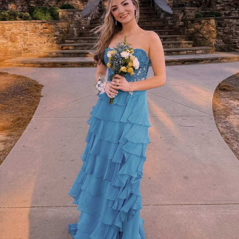 
                      
                        Sweetheart Lace and Chiffon Ruffle Long Prom Dress
                      
                    