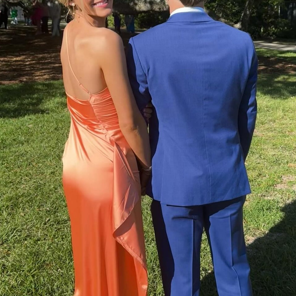 
                      
                        One Shoulder Blush Pink Ruched Long Dress with Slit
                      
                    