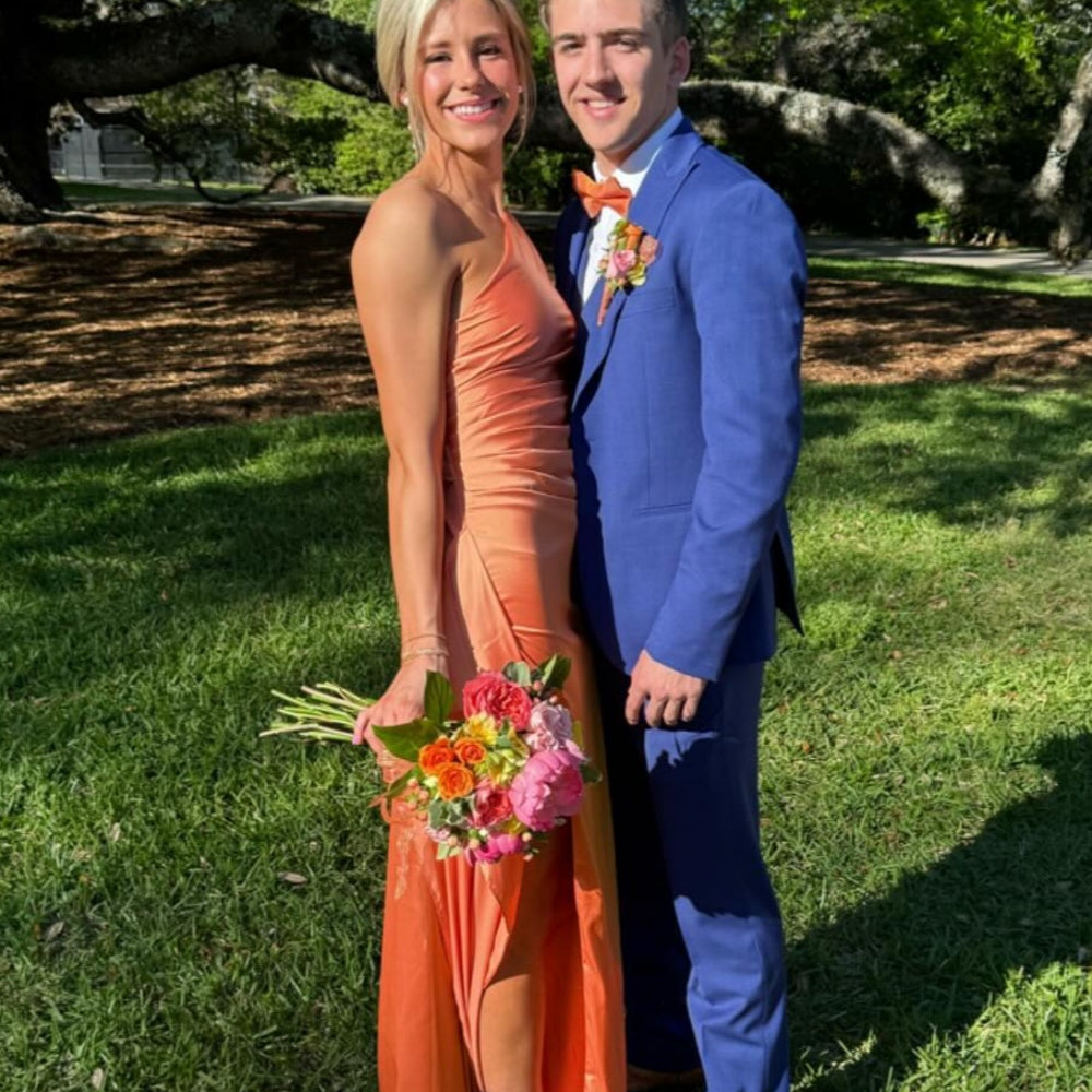 
                      
                        One Shoulder Blush Pink Ruched Long Dress with Slit
                      
                    