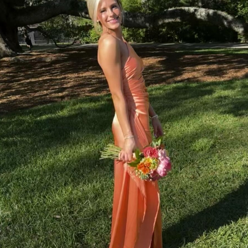 
                      
                        One Shoulder Blush Pink Ruched Long Dress with Slit
                      
                    