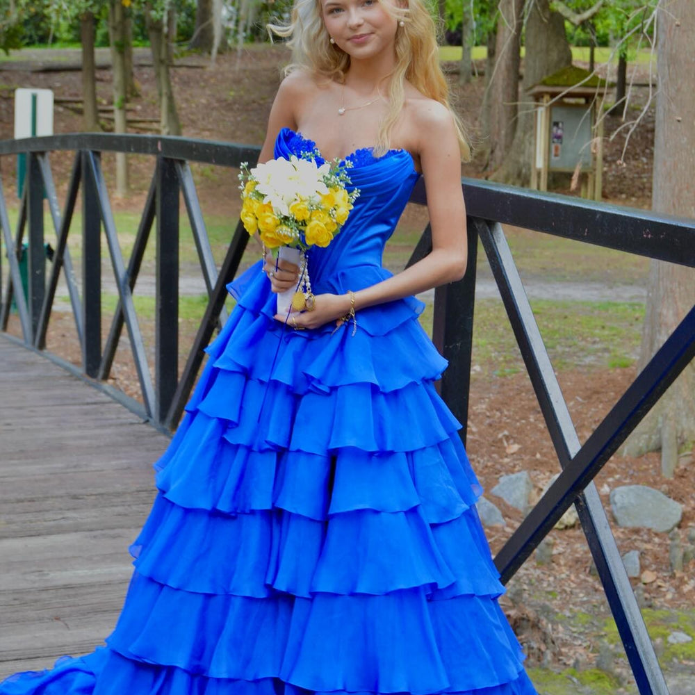 
                      
                        Strapless Navy Blue Appliques Tiered Long Dress with Slit
                      
                    