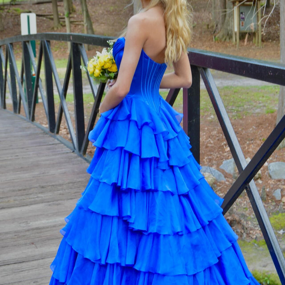 
                      
                        Strapless Navy Blue Appliques Tiered Long Dress with Slit
                      
                    