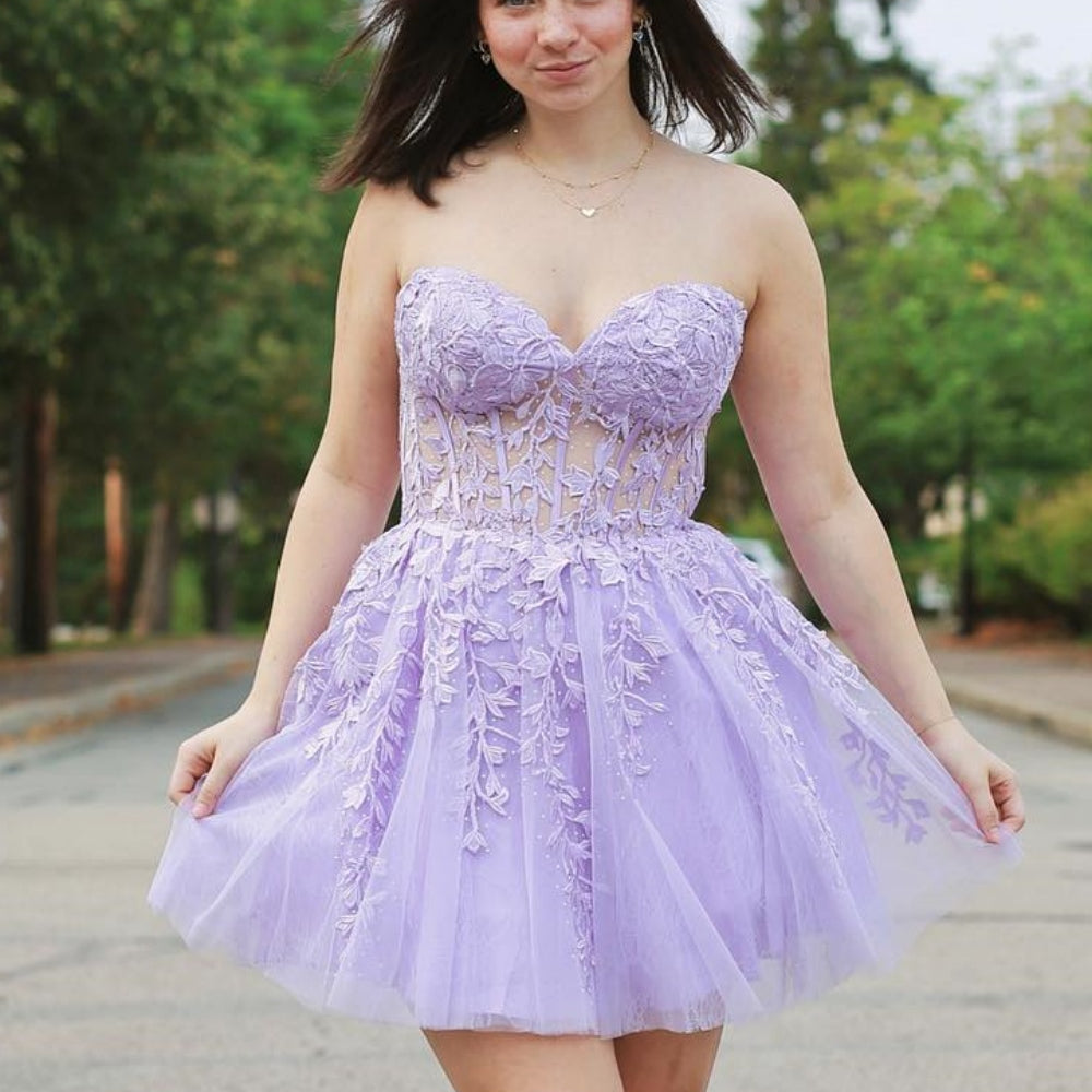 
                      
                        Strapless Black Appliques A-line Short Dress
                      
                    