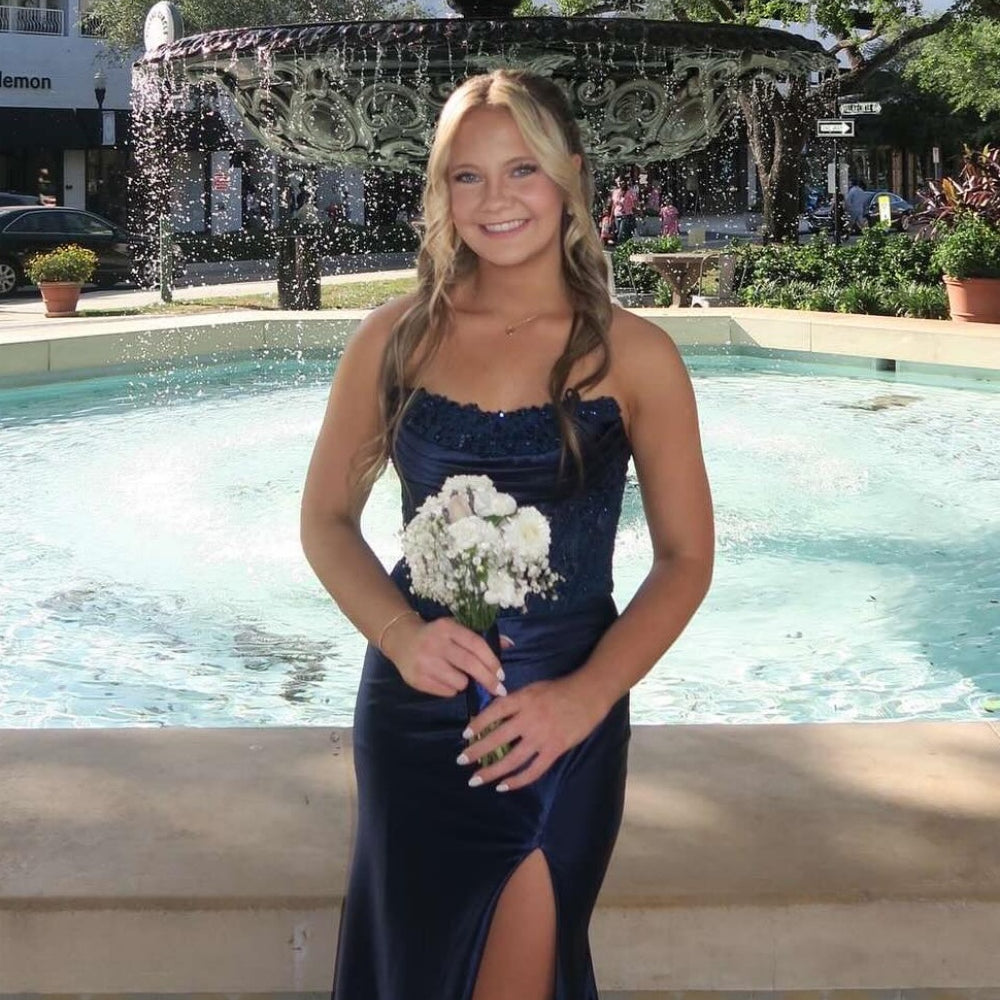 
                      
                        Strapless Royal Blue Appliques Long Dress with Slit
                      
                    