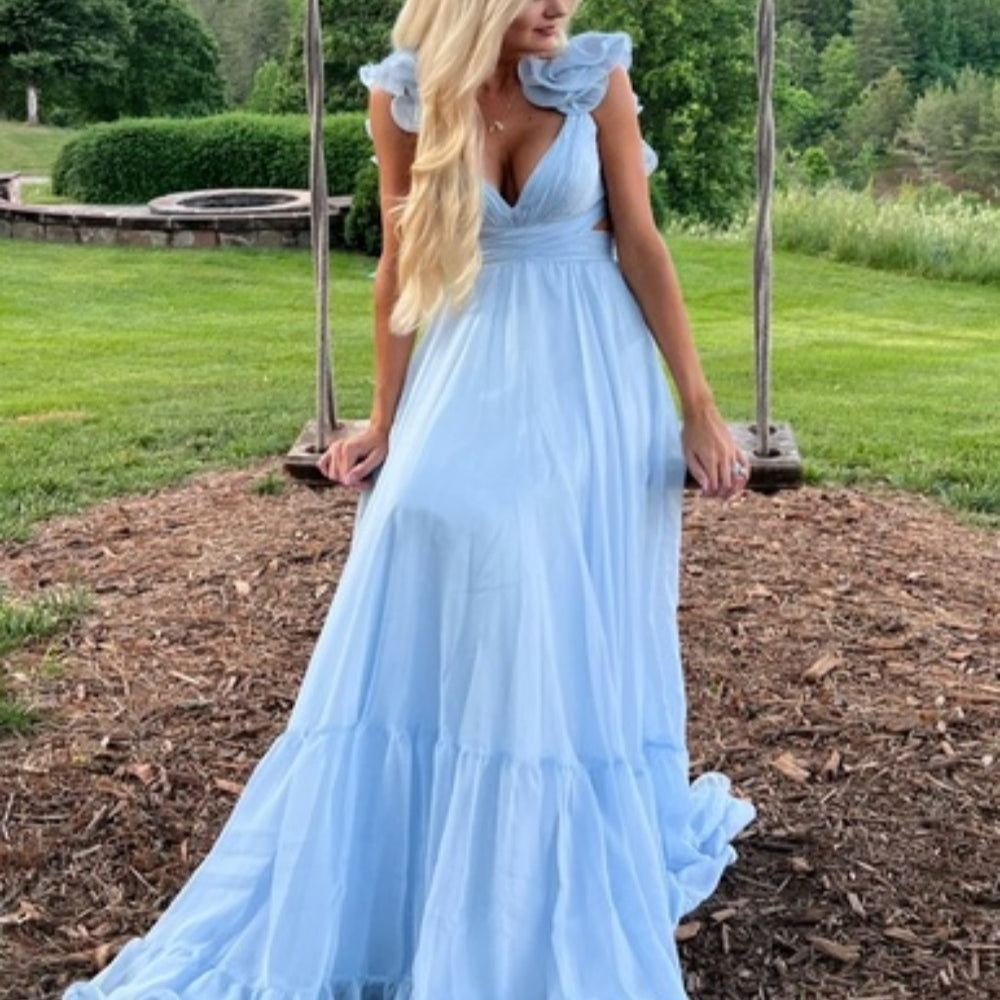 
                      
                        Ruffled Sleeves Pink A-line Long Chiffon Dress
                      
                    