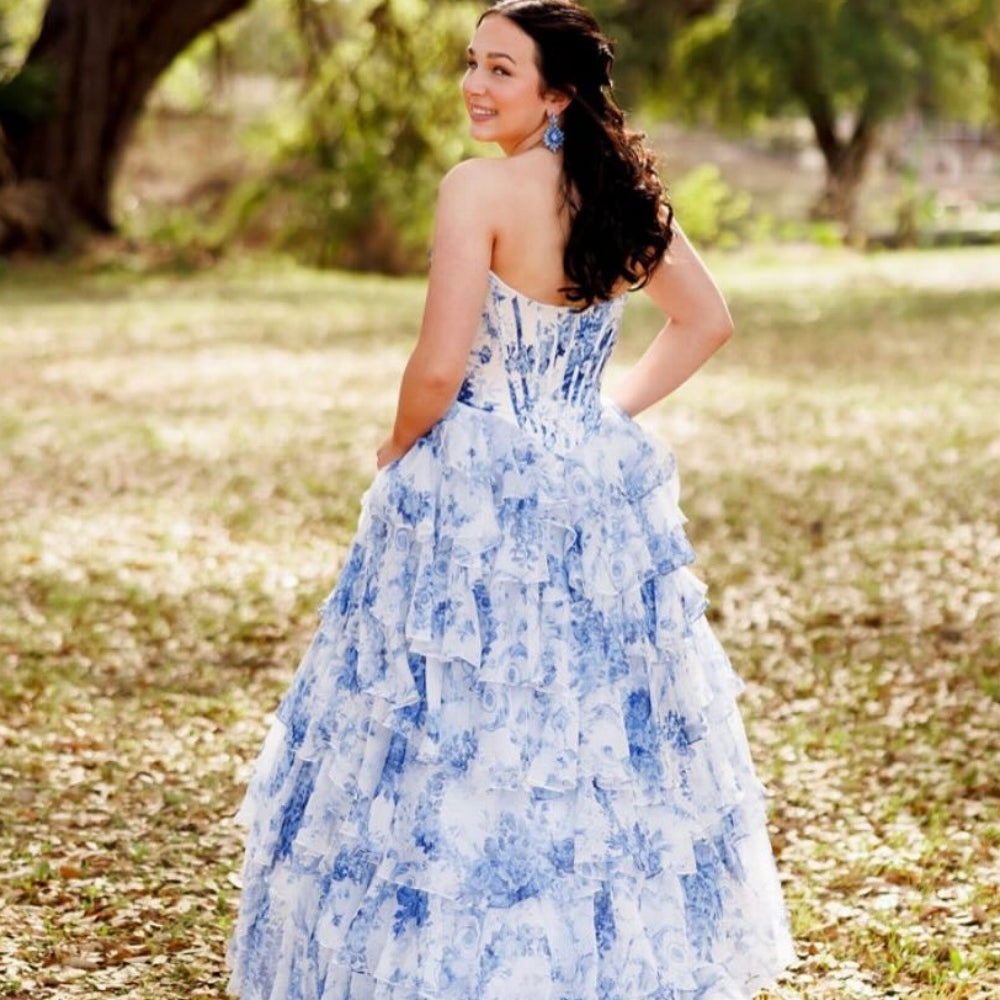 
                      
                        Strapless White and Blue Floral Print Tiered Long Dress
                      
                    