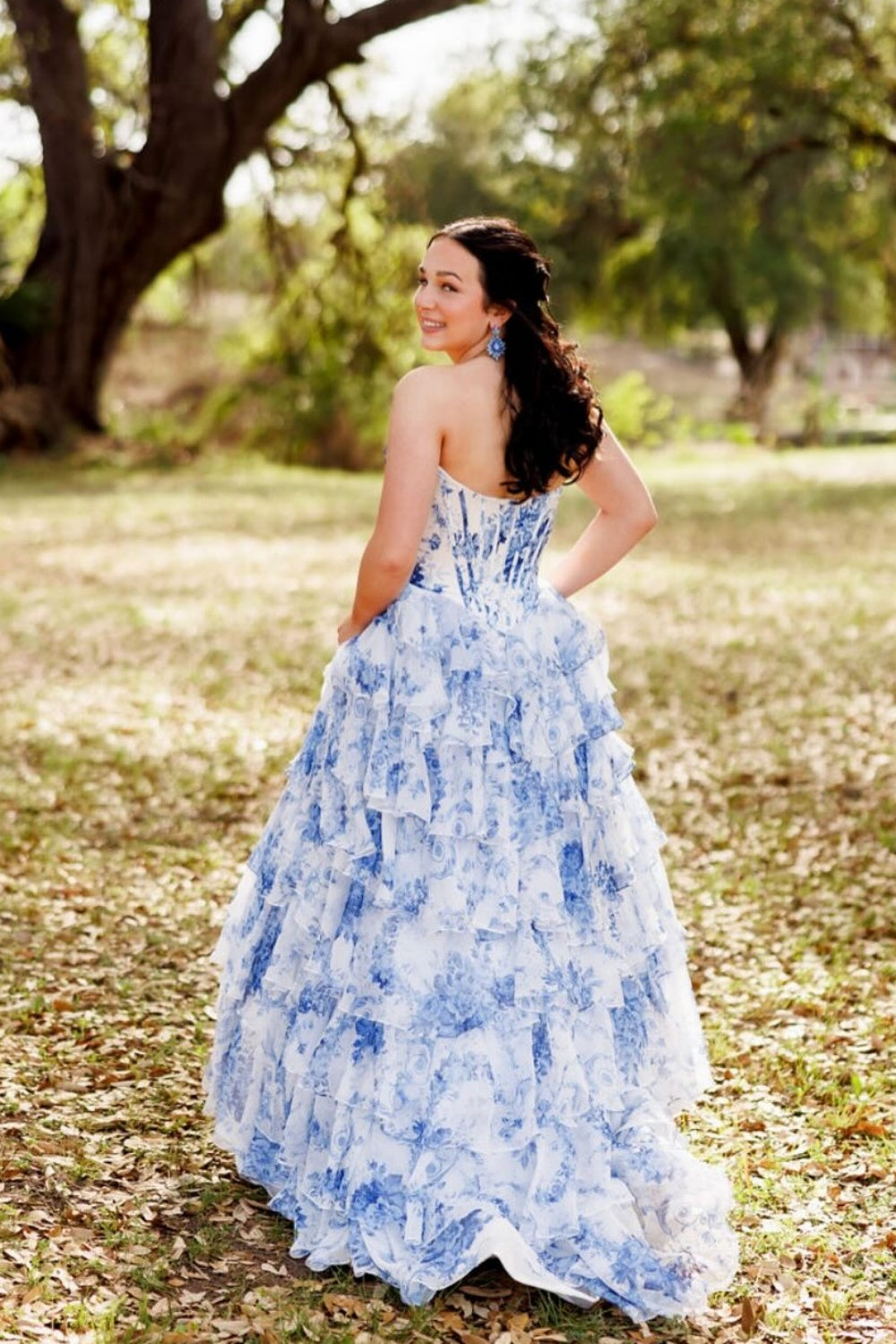 Strapless White and Blue Floral Print Tiered Long Dress – PollyBoutique